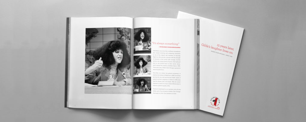 Spread from Gilda's Club Chicago anniversary book created by Blue Flame Thinking.