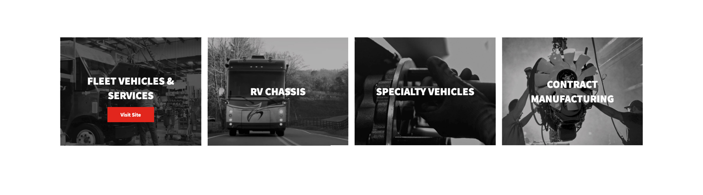 4 squares showing fleet vehicles, RV Chassis, specialty vehicles, and contract manufacturing service options