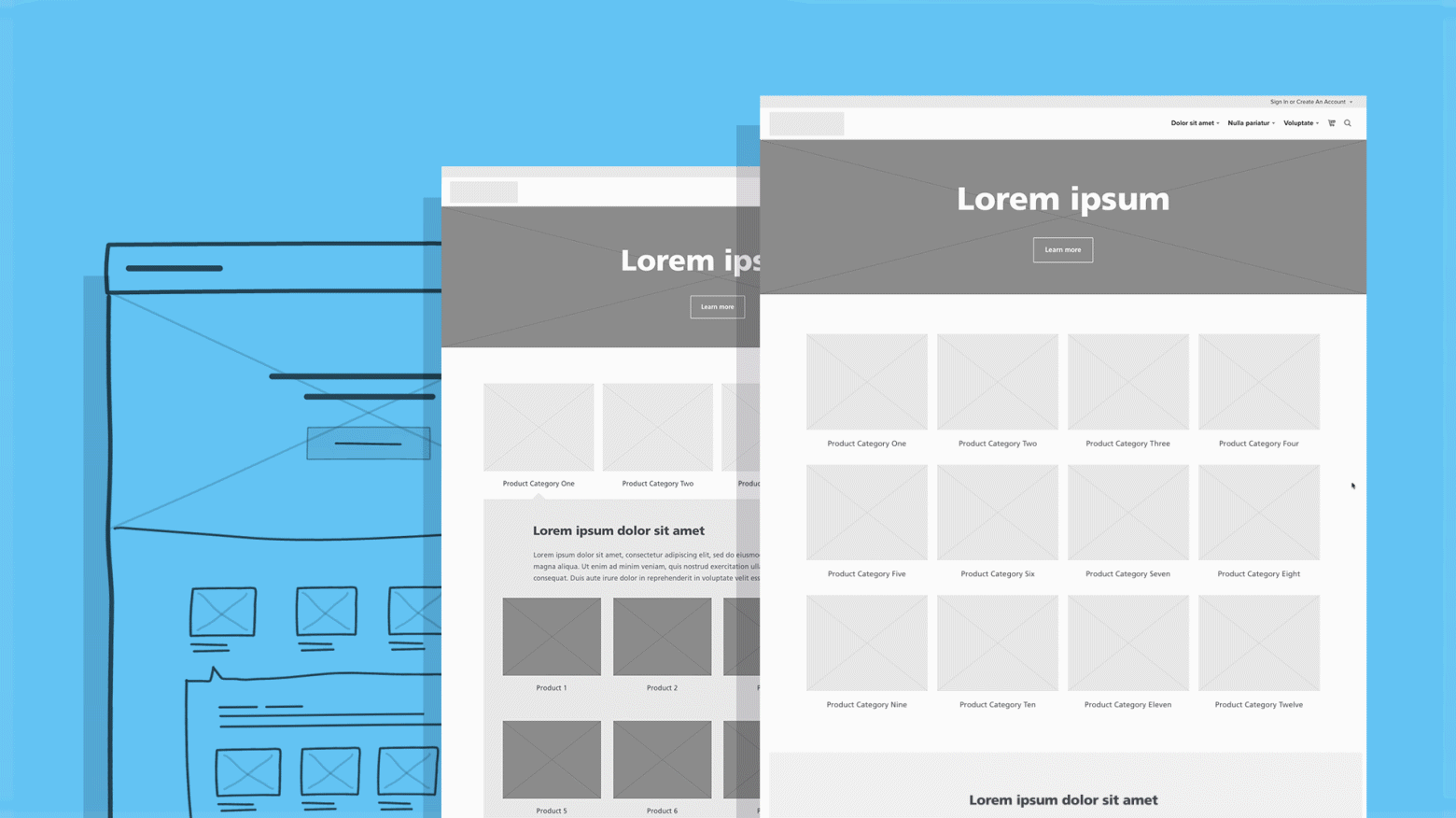 Three wireframe concepts of a website page showing progress of the wireframe process
