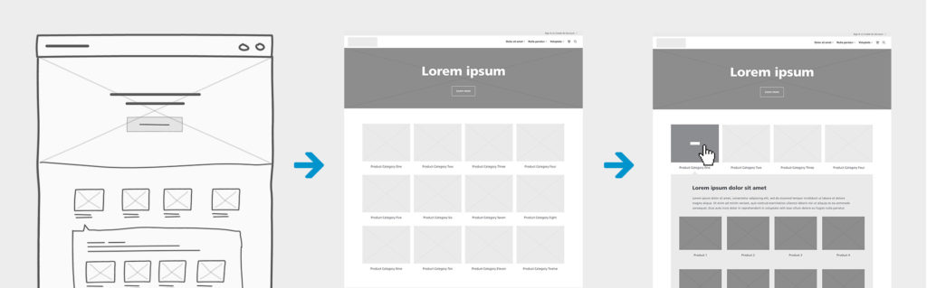 Wireframe concept from a sketch to digital layout to a full prototype