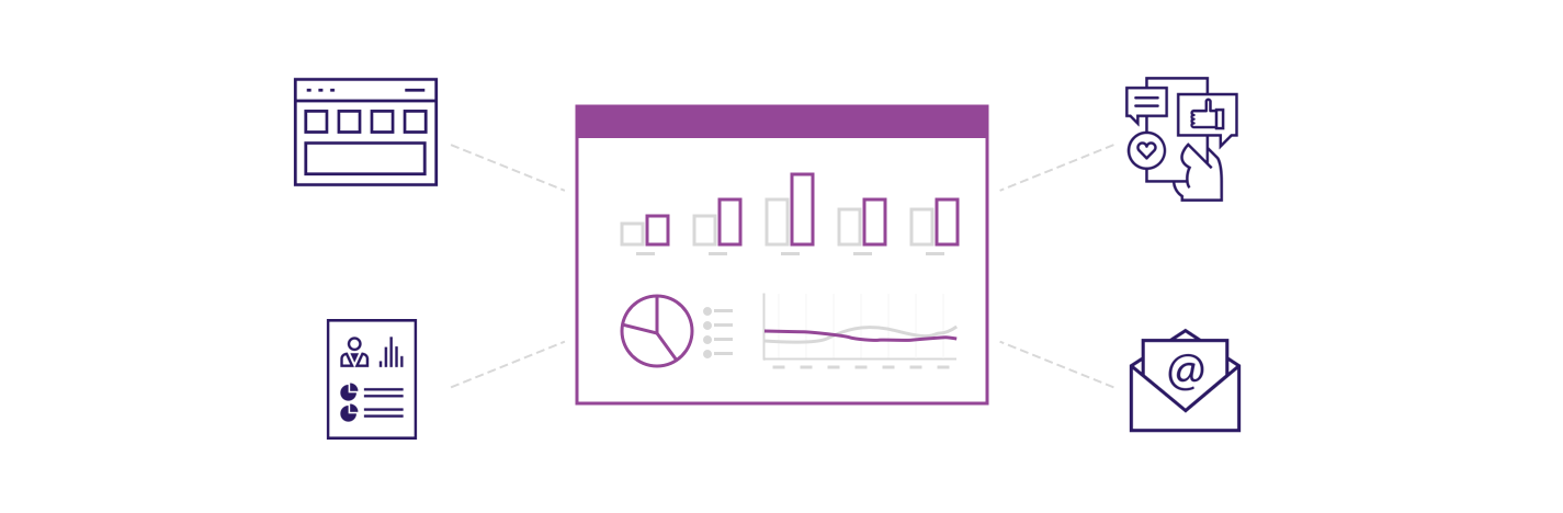 purple icons representing analytics dashboard on white background