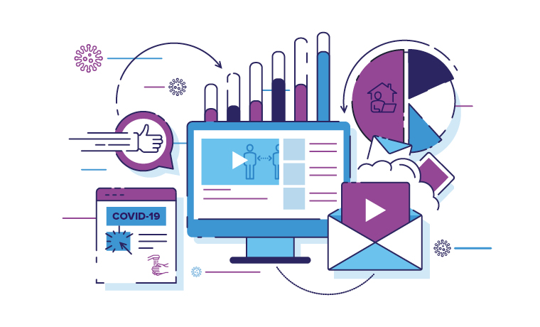 Blue and purple illustration showing content marketing during covid-19 pandemic and how to reach customers online through different digital channels