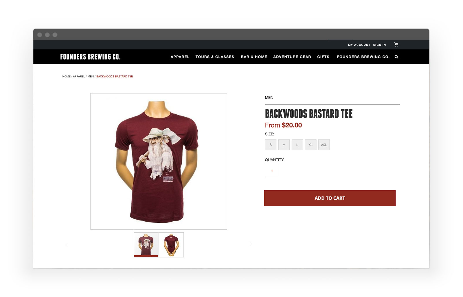 Founders t-shirt product page on website