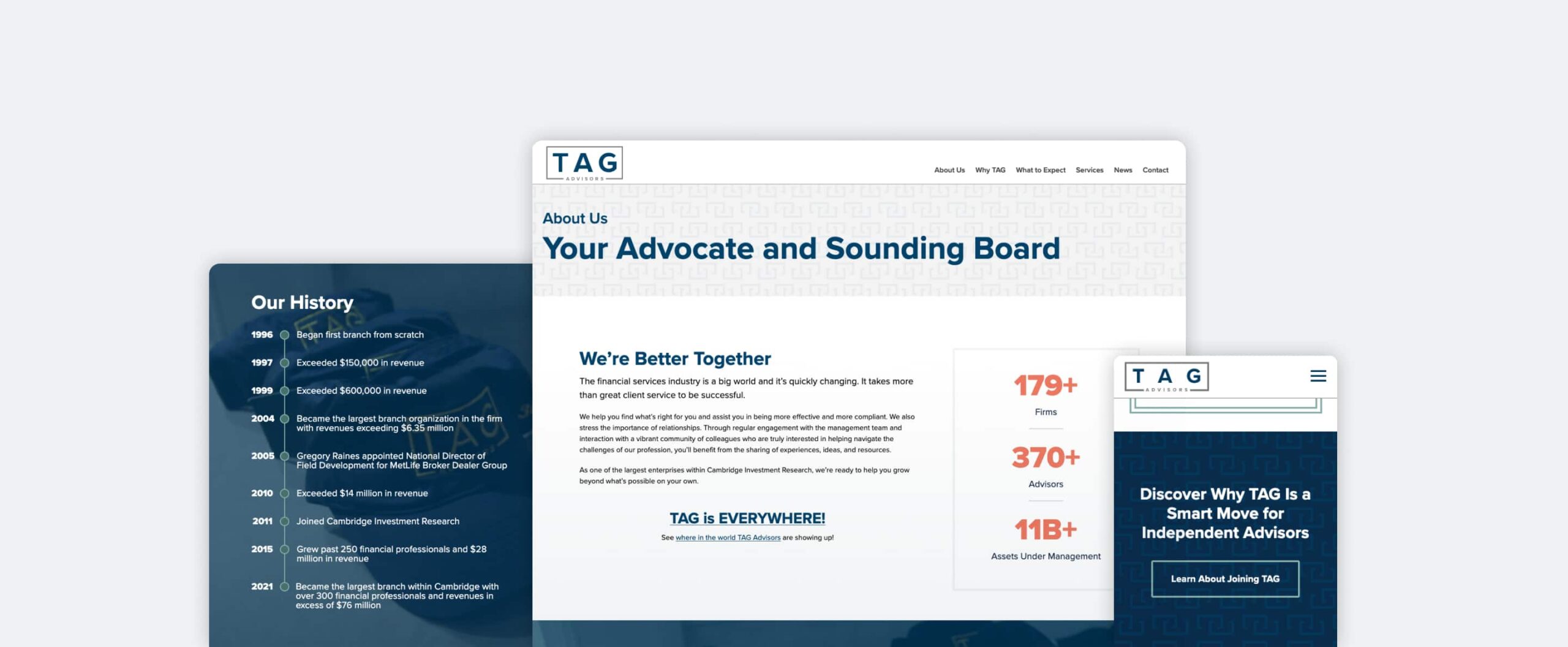 TAG Advisors website interface elements showing about us and history pages