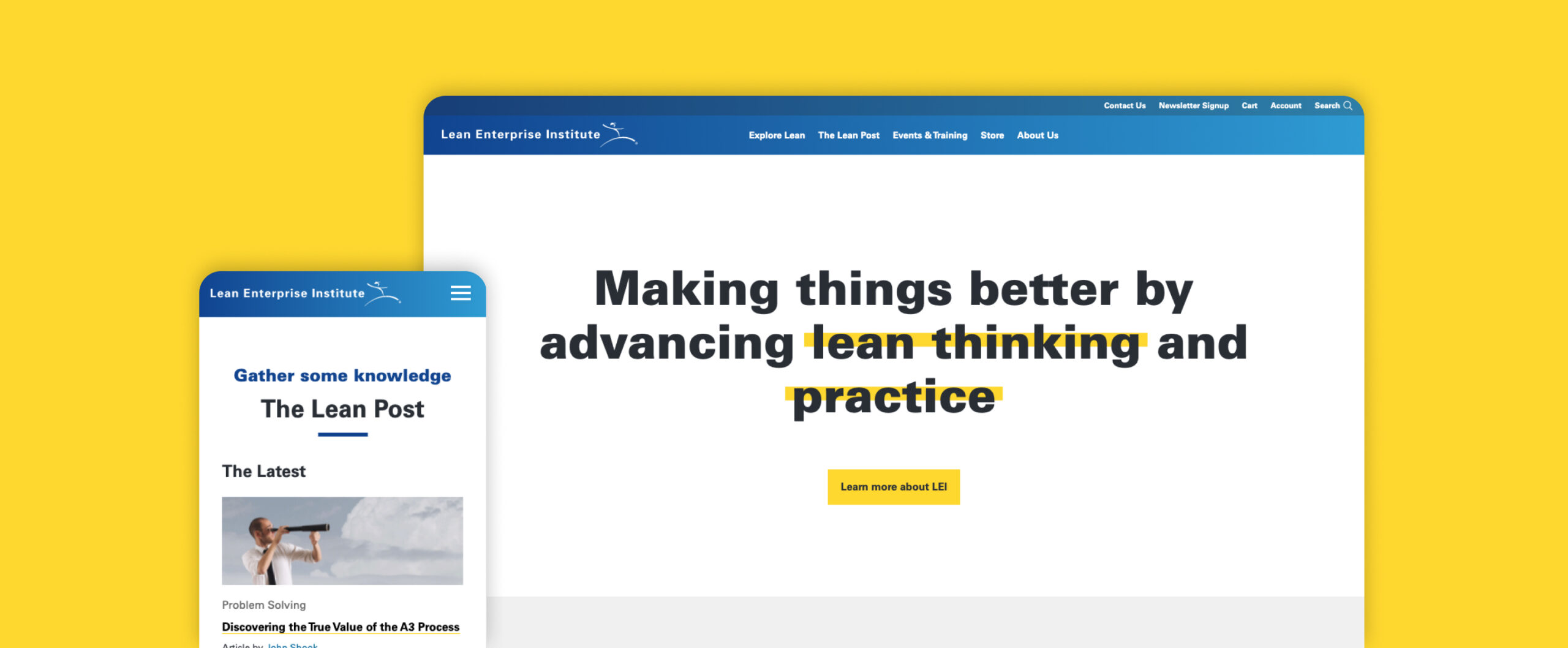 Main banner image for the Lean Enterprise Institute's website redesign and build showing the homepage and a smaller lean post in mobile view.