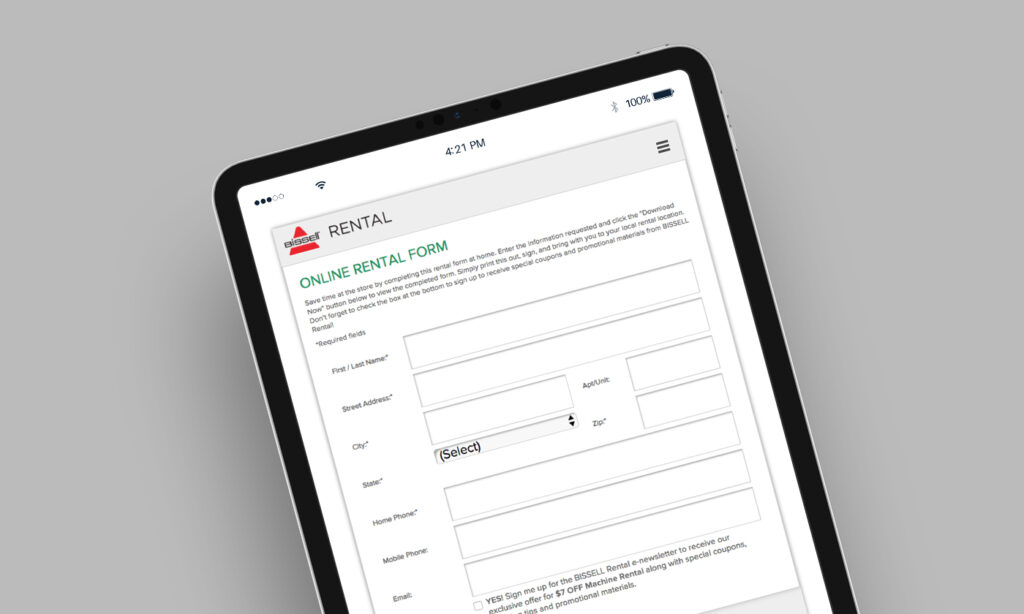 Bissell Online Rental Form Mobile Interface by Blue Flame Thinking