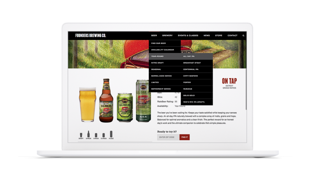 Site navigation menu displayed over Founders beer brand web page