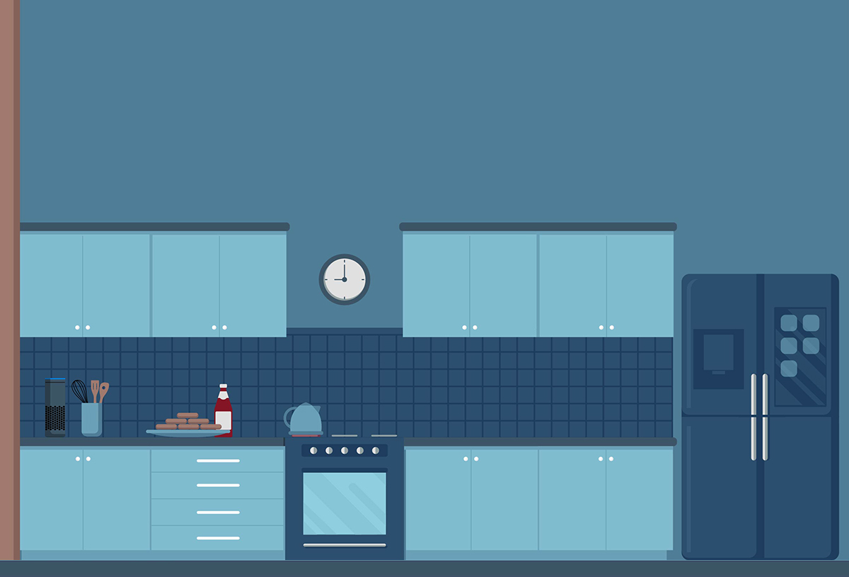 One-half of an illustration of a kitchen Blue Flame Thinking created for Pentair's IntelliConnect launch video.