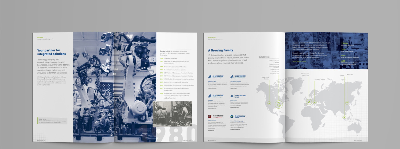 JR Automation Global Capabilities Brochure Spread One by Blue Flame Thinking