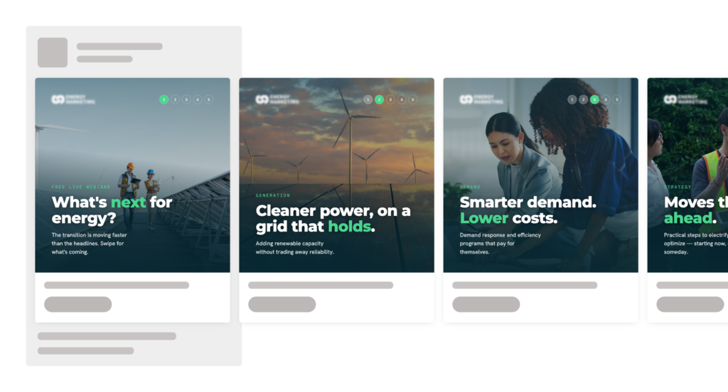 A row of website cards with images and text about energy topics, from wind turbines to e-commerce website trends, and discussions on efficiency—all highlighting cleaner power, Bremskerl innovations, and the latest in energy trends.