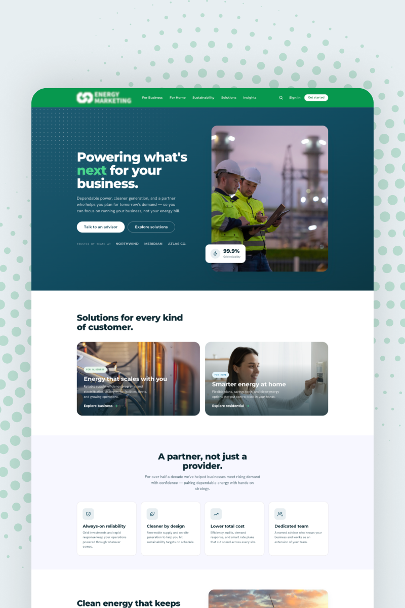 Screenshot of a modern energy company website with a header image of two workers in helmets, bold text about powering businesses, and service options—similar to an e-commerce website. Sections highlight tailored solutions for different customer types.