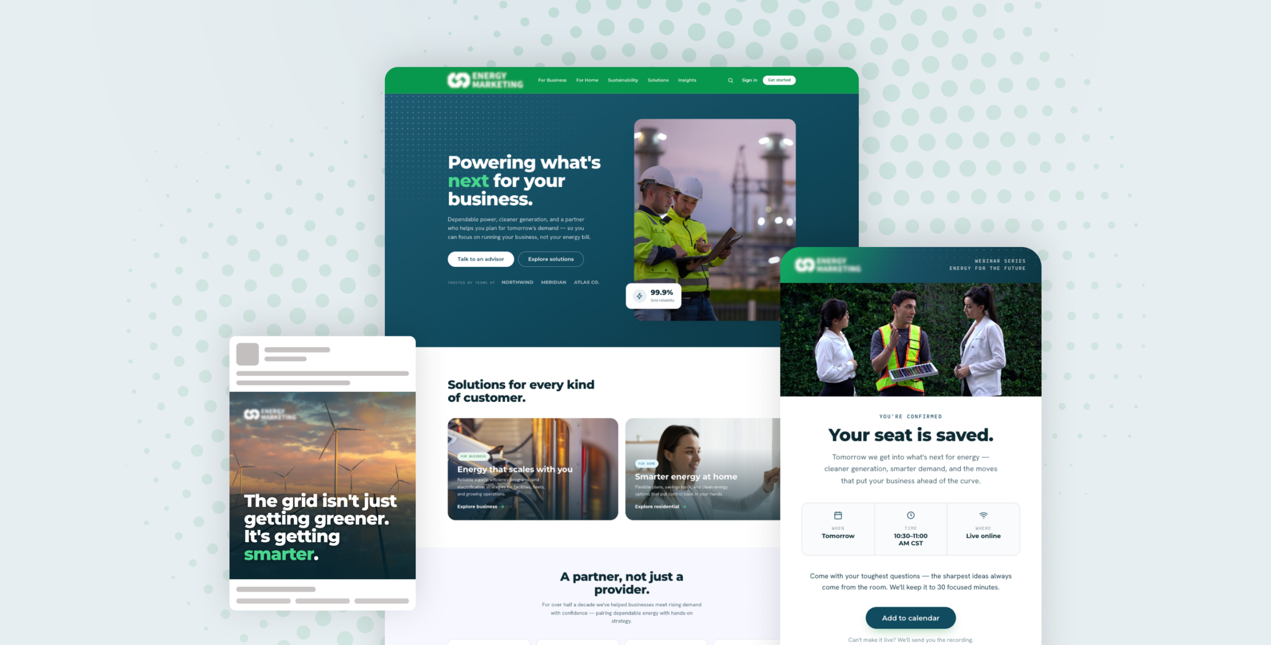 A website and mobile interface for an energy company displays workers in safety gear, smart and green energy solutions, and features green and white design elements inspired by leading e-commerce website standards.