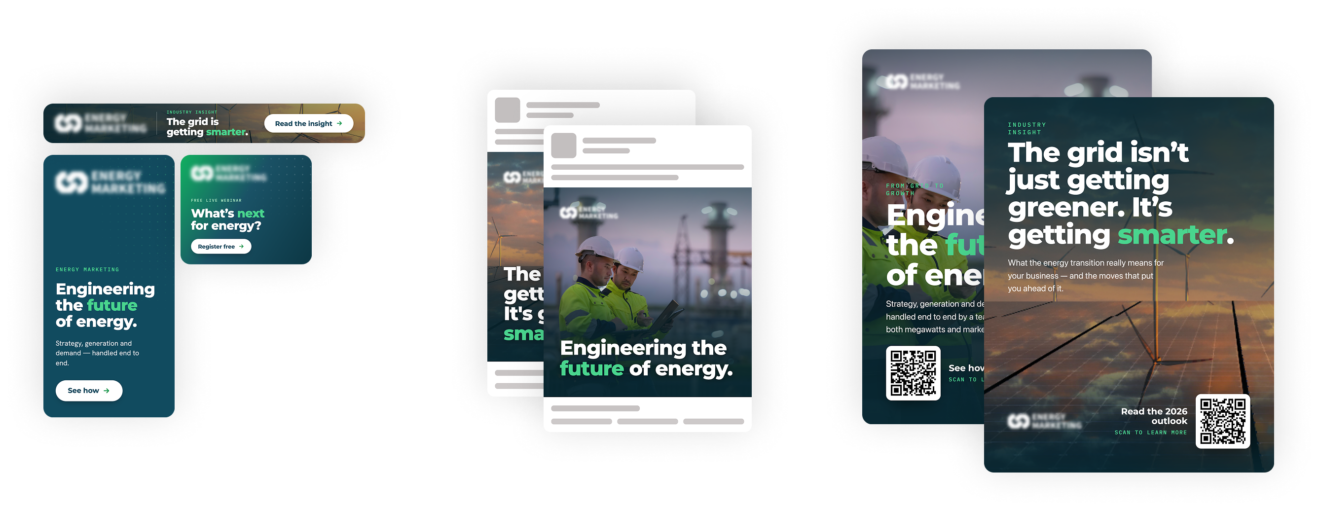 A collection of digital and print marketing materials featuring energy professionals, power lines, and headlines like Engineering the future of energy and The grid isn’t just getting greener. It’s getting smarter.