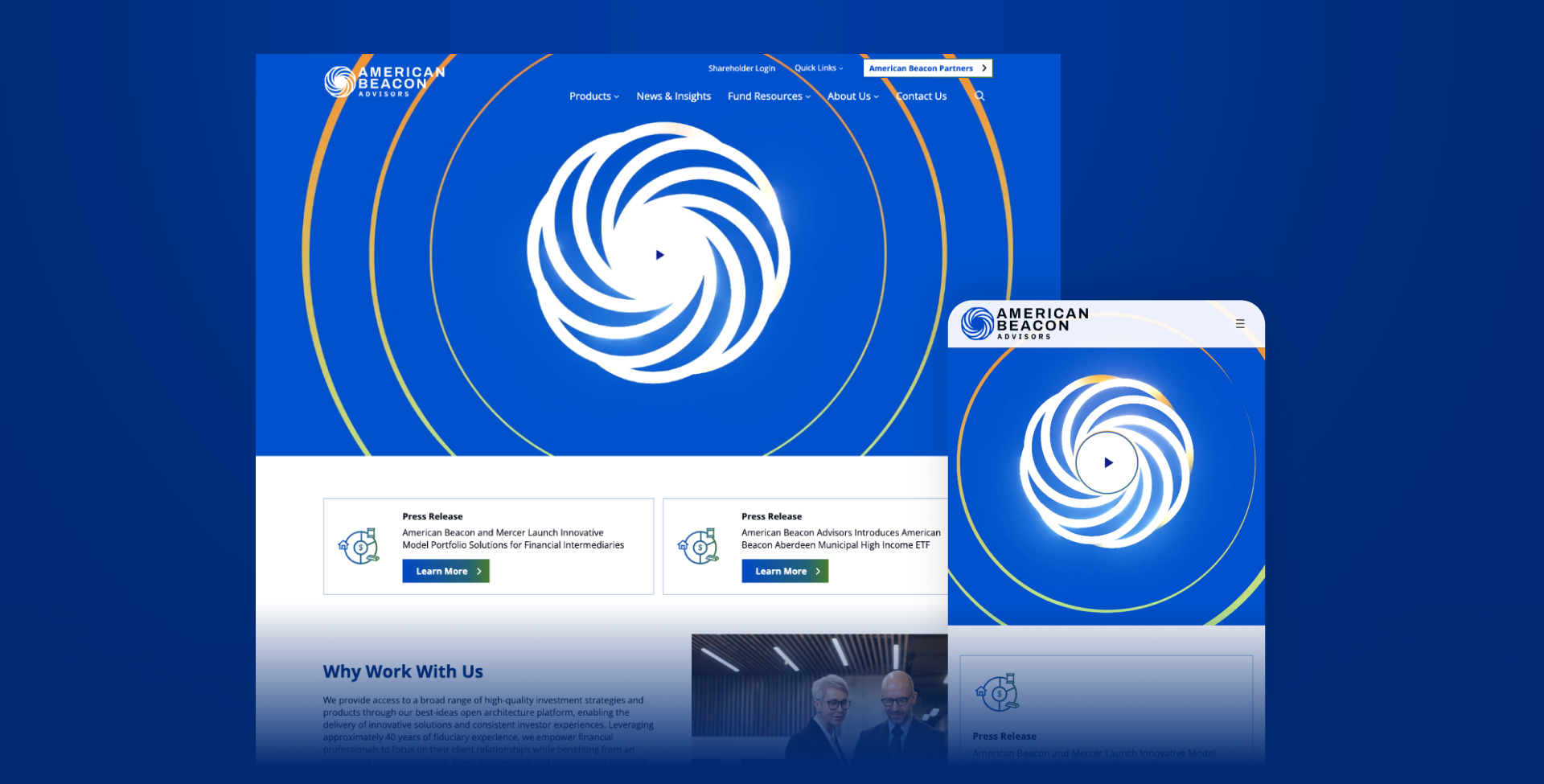 A website homepage for American Beacon Advisors showcases a blue and white spiral logo, navigation bar, news links, and a mobile version preview on the right side, reflecting their recent asset manager website redesign.