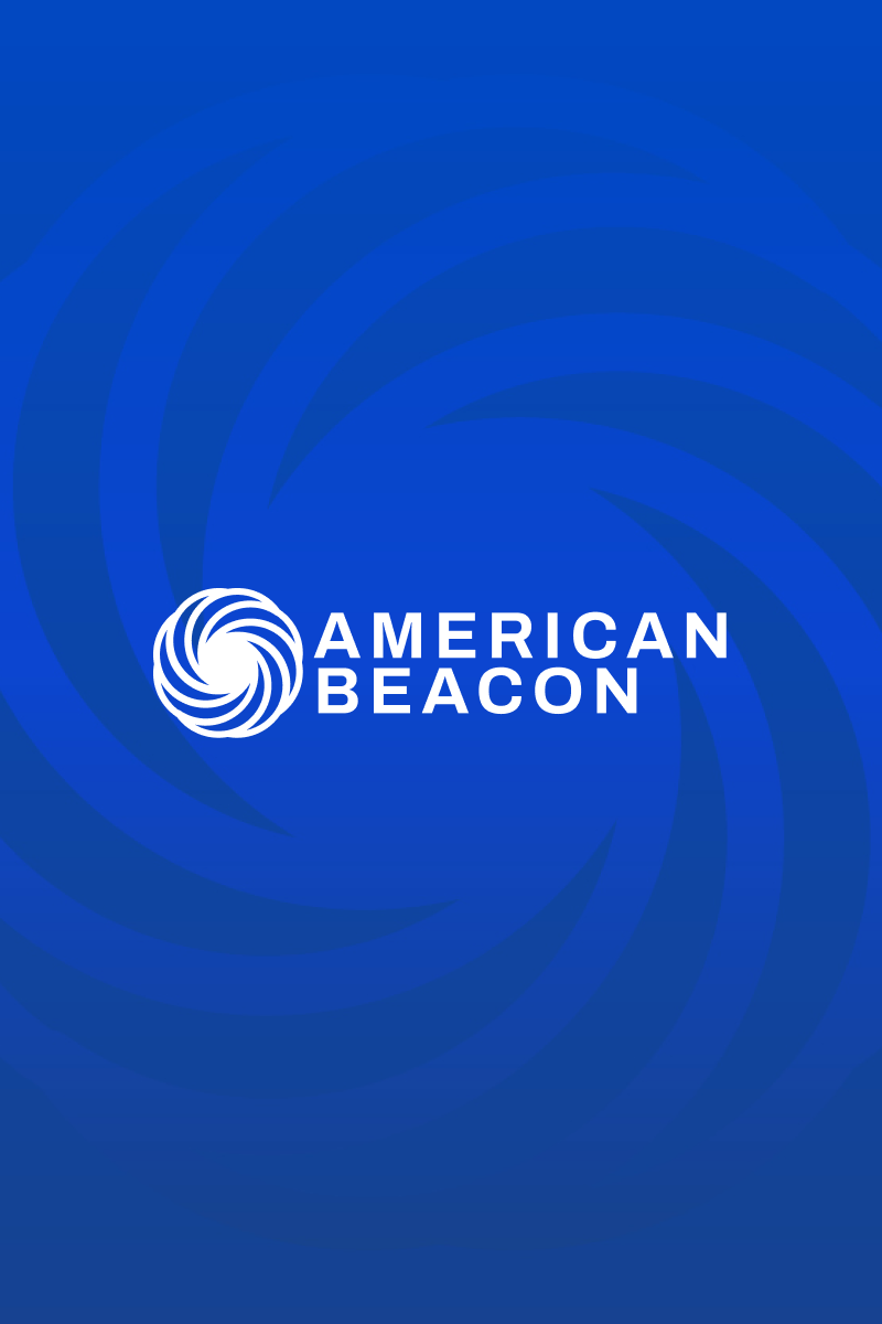 American Beacon logo with a white swirling circular emblem to the left of the words AMERICAN BEACON in bold white letters, set against a blue gradient background with subtle swirl patterns—an updated visual identity inspired by the recent asset manager website redesign.