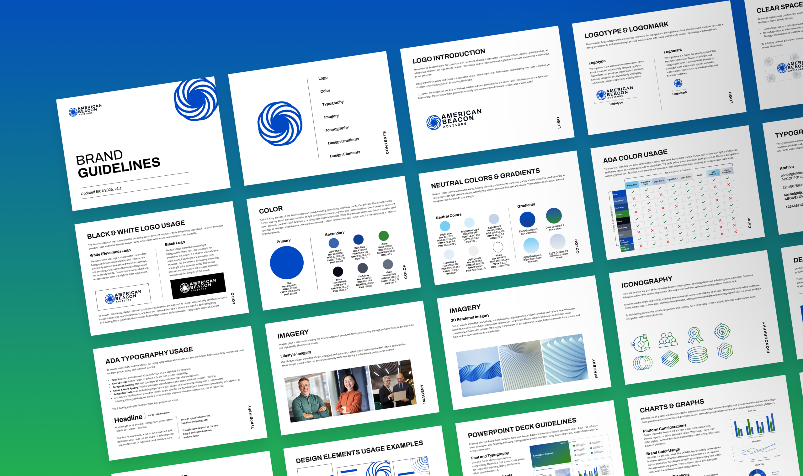 A set of digital brand guideline slides for an asset manager website redesign, displaying logo usage, colors, gradients, typography, iconography, imagery, charts, and accessibility standards against a blue-green background.