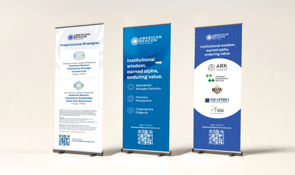 Three standing banners display financial company branding and information, mainly in blue and white, with logos, text about investment strategies, and affiliated partner logos. Highlighting the firm’s asset manager website redesign, the banners are arranged side by side on a light background.