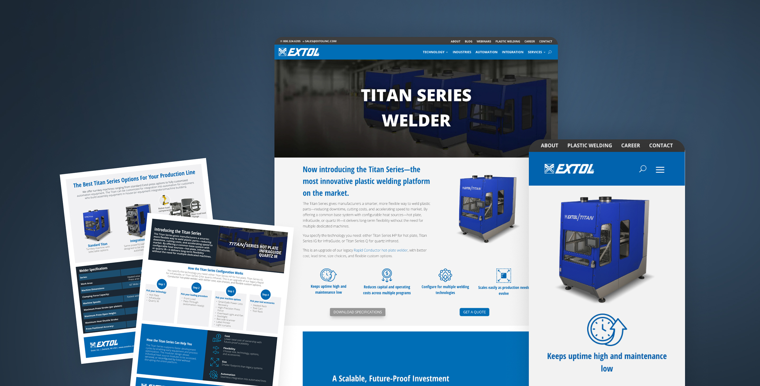 A mockup displaying Extols website and brochures for the Titan Series Welder, featuring blue and white themed pages, machine images, and marketing information about plastic welding solutions.
