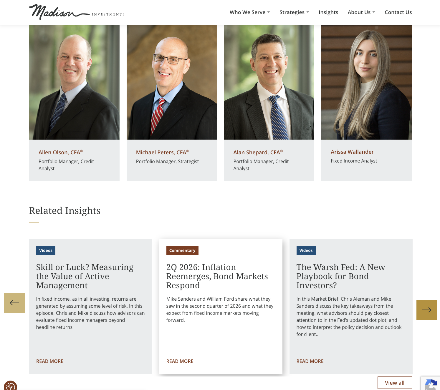 Four professionally dressed people stand side by side, smiling, in business portraits. Below, three article previews are shown with titles, descriptions, and read more links on a white background—highlighting topics such as an asset manager website rebuild and other industry insights.