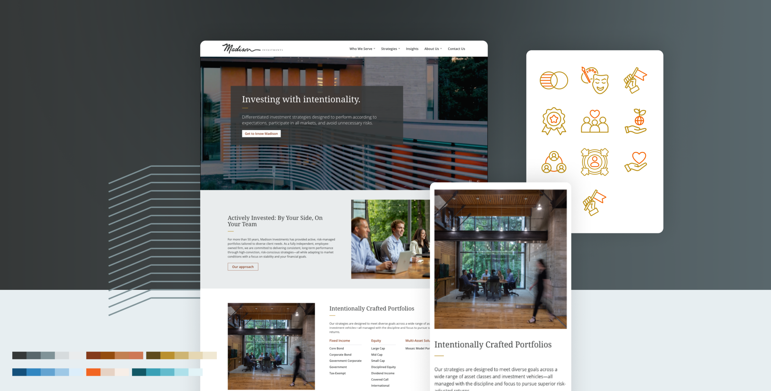 A website design mockup featuring a modern asset manager website redesign for an investment firm’s homepage, color palettes, photos of people in meetings, icons, and branding elements on a blue-gray gradient background.