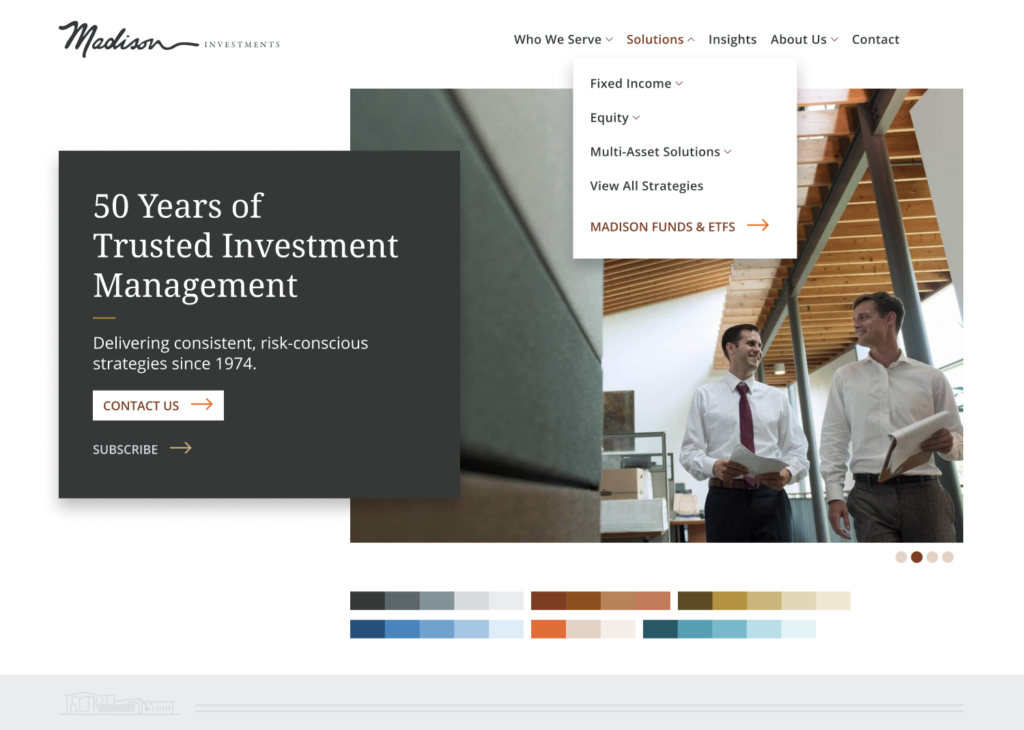 Two men in business attire walk and talk in a modern office. On the left, a banner reads 50 Years of Trusted Investment Management with contact and subscribe buttons below, showcasing elements from an asset manager website redesign. A website navigation menu is visible at the top.