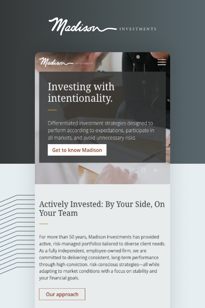 Madison Investments’ asset manager website redesign features a sleek header, a prominent call-to-action button, and an engaging section about investment strategies, all set against a dynamic background image of people working collaboratively at a desk.