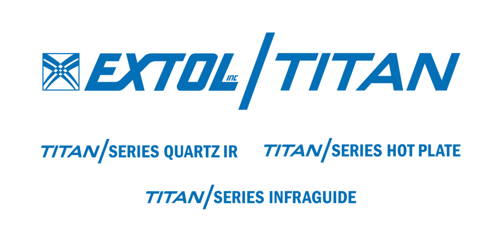 EXTOL TITAN logo in blue with product names: TITAN Series Quartz IR, TITAN Series Hot Plate, and TITAN Series Infraguide, all on a light gray background.