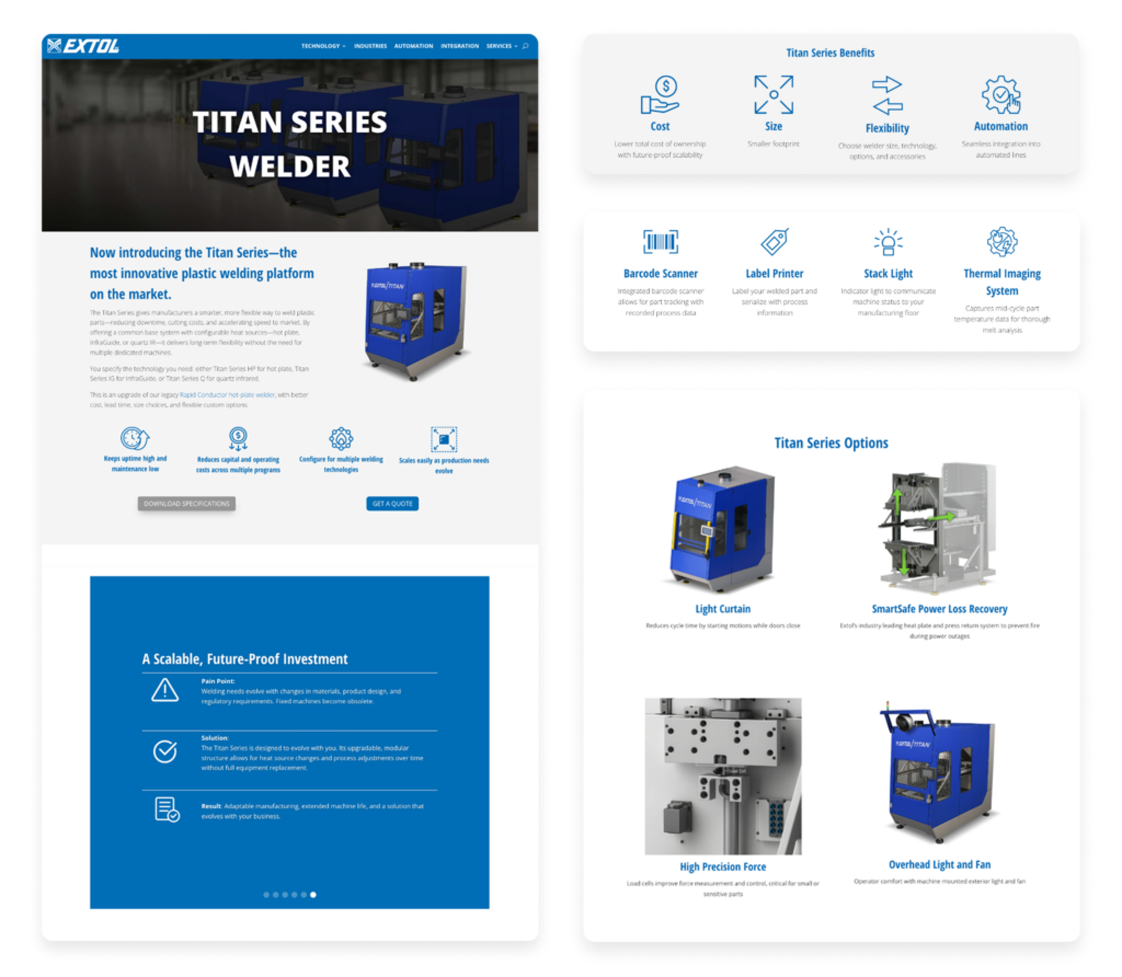 Website page for Extol’s Titan Series Welder, featuring images of the machine, bullet points on benefits, diagrams of options, product highlights, and icons for features like automation and cost savings. Built around a refined blue and white color scheme, this Extol page showcases innovative engineering and user-friendly design at every turn.