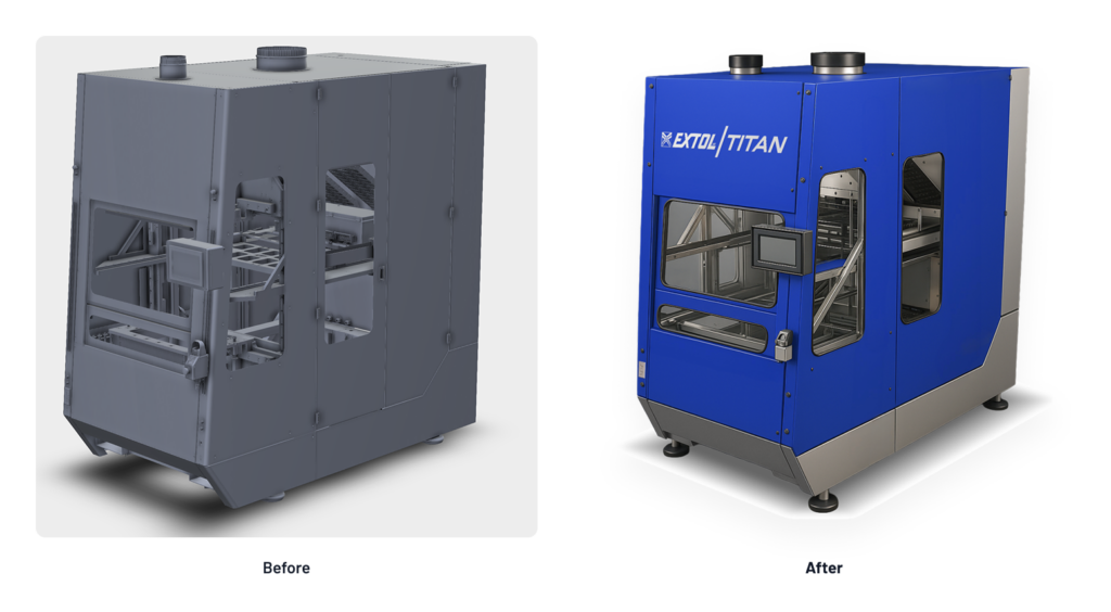Side-by-side images extol the transformation from a gray industrial machine labeled Before to a blue, modernized machine labeled After, both with glass panels revealing internal components.