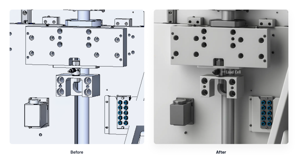 Side-by-side comparison of a mechanical assembly labeled Before and After, extolling the changes in metal components, wiring, and positioning of parts, with a more streamlined design showcased in the After image.