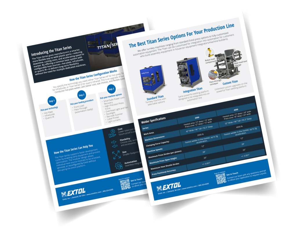 Two Extol brochures detail the Titan Series, showcasing equipment images, production line benefits, configuration steps, comparison tables, and contact info on white flyers with blue accents. Both sheets are angled and overlapping.