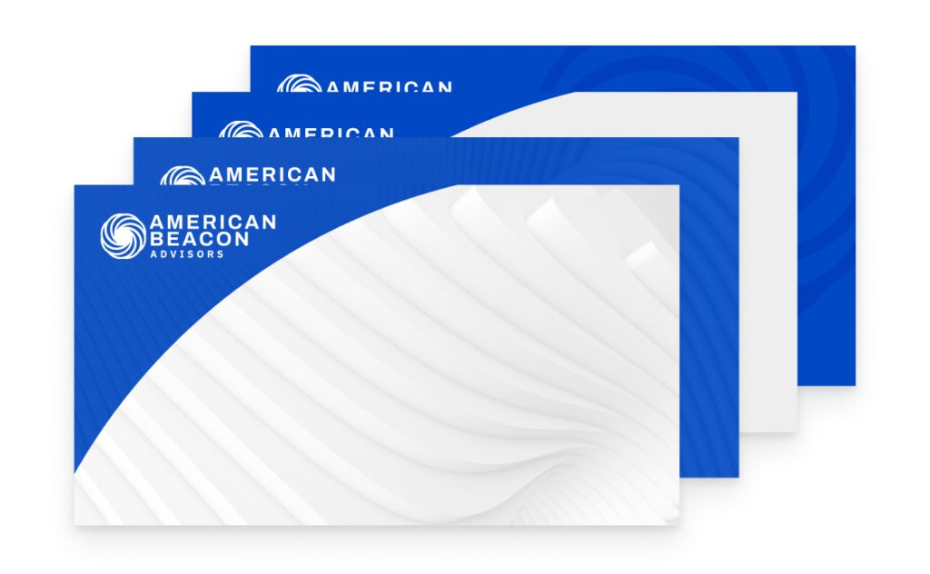Three overlapping zoom backgrounds with a blue and white abstract design and the logo American Beacon Advisors in the upper left corner.